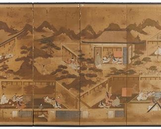 3256
A Japanese Byobu Folding Screen
Fourth-Quarter 19th Century, Meiji Period (1868-1912)
The folding screen with four painted paper panels depicting figures in interiors with silk trim
50.5" H x 80" W x 0.75" D
Estimate: $800 - $1,200