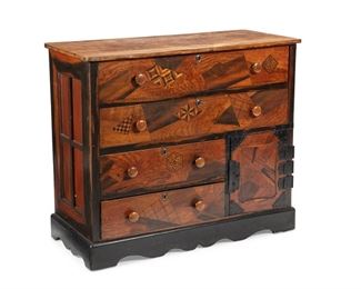 3257
A Japanese Tansu Chest
Second-Quarter 20th Century
With variously designed geometric parquetry inlay and iron straps, with four drawers and one cabinet
34.25" H x 40.25" W x 18" D
Estimate: $1,000 - $1,500