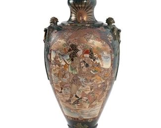 3262
A Monumental Japanese Satsuma Porcelain Vase
Circa 1930s
The large baluster-form vase with gilt highlights and polychrome enamel decoration depicting figural scenes against a dark green ground
42" H x 17.5" Dia.
Estimate: $2,000 - $3,000