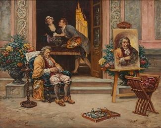 3264
Jehan Georges Vibert
1840-1902, French
Artist Courting Maid
Oil on canvas
Signed lower right: J. Vibert
22" H x 27" W
Estimate: $3,000 - $4,000