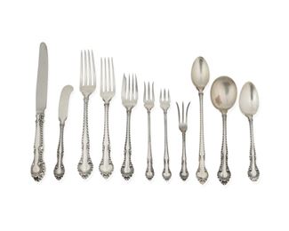 3279
A Gorham "English Gadroon" Sterling Silver Flatware Service
Circa 1939-1991
Each marked for Gorham and sterling
Designed 1939 by F. Russell Woodward and Axel H. Staf, comprising 12 hollow-handled Modern place knives (8.75"), 5 butter spreaders (5.75"), 1 dinner fork (7.625"), 12 place forks (7.125"), 11 salad forks (6.25"), 1 pickle/olive fork (5.75"), 6 cocktail forks (5.375"), 1 lemon fork (4.5"), 30 teaspoons (5.75"), 10 iced tea spoons (7.5"), and 10 cream soup spoons (6.25"), 99 pieces
Weighable sterling: 95.57 oz. troy approximately
Estimate: $1,500 - $2,000