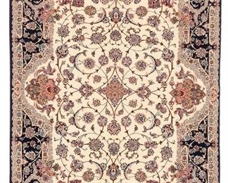 3277
An Isfahan Area Rug
20th Century
Silk on cotton foundation, with an allover foliate latticed ivory field with indigo border
8'6" L x 5'2" W
Estimate: $4,000 - $6,000