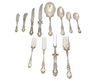 3280
A Wallace "Violet" Sterling Silver Flatware Service
20th Century
Each marked for Wallace and sterling
Comprising 12 dinner forks (7.125"), 6 salad forks (6.125"), 20 teaspoons (6"), 12 round cream soup spoons (5.875"), 12 hollow handle knives (6.75"), a hollow handled butter knife (6.125"), a flat handled butter spreader (6"), an olive fork (6.125"), a table spoon (8.125"), a gold washed ice cream spoon (6.125"), a berry spoon (9"), a serving fork (8.375"), a hollow handled steak knife (10.5"), a hollow handled steak fork (8.5"), 71 pieces
Weighable sterling: 60 oz. troy approximately
Estimate: $1,000 - $1,500