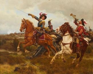 3281
Werner Wilhelm Gustav Schuch
1843-1918, German
Cavalry Charge
Oil on canvas
Signed lower right: Werner Schuch
30" H x 37" W
Estimate: $4,000 - $6,000