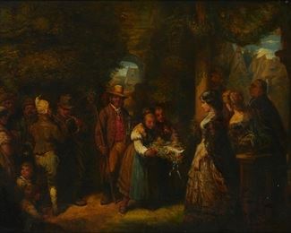 3283
Jakob Grunenwald
1821-1896, German
A Marriage Presentation
Oil on panel
Signed with conjoined initials lower left: JG
11" H x 15" W
Estimate: $3,000 - $5,000