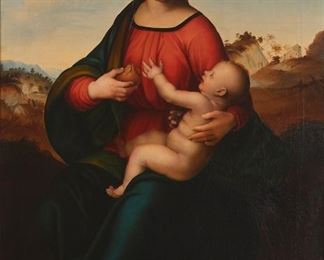 3293
18th/19th Century Italian School
Madonna and Child, in the manner of Raphael
Oil on canvas laid to canvas
Unsigned
38" H x 25.75" W
Estimate: $2,000 - $3,000