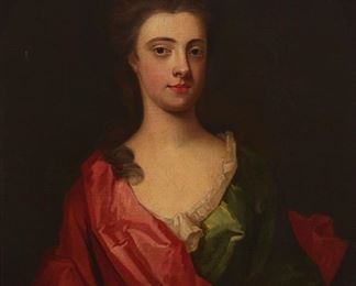 3296
In The Manner Of Sir Godfrey Kneller
1646-1723, British
Portrait Of A Lady In Green Dress And Crimson Scarf
Oil on canvas
Appears unsigned
30.25" H x 25.25" W
Estimate: $1,000 - $2,000
