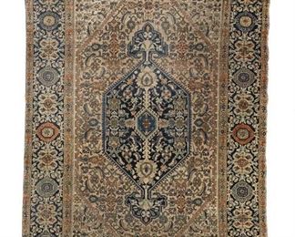 3298
A Persian Area Rug
First-Quarter 20th Century
The foliate claret field with central indigo medallion and spandrels within a major indigo blossom border
6'2" L x 4'2" W
Estimate: $500 - $700