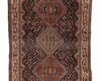 3299
A Caucasian Rug
First-Quarter 20th Century
Wool on cotton foundation, the indigo field with three-part diamond pole medallion within multiple geometric polychrome borders
6' L x 4'2" W
Estimate: $1,000 - $1,500