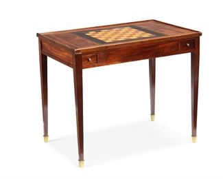 3301
A French Louis XVI Game Table
Fourth-Quarter 18th Century
With mahogany and satin wood veneers with brass-capped feet, reversible top with checkered and felt surfaces, backgammon interior, and two drawers
29.75" H x 35.25" W x 23.25" D
Estimate: $600 - $800