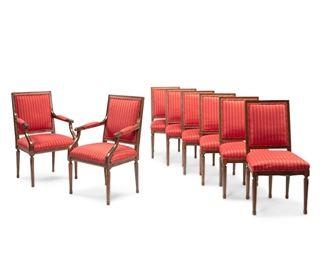 3302
A Set Of Louis XVI-Style Dining Chairs
20th Century
Each with carved wood frames and red silk stripe upholstery, comprising two armchairs and six side chairs, 8 pieces
Each armchair: 38.125" H x 23" W x 19" D; each side chair: 37" H x 20" W x 19" D
Estimate: $800 - $1,200