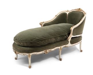 3304
A French Louis XV-Style Chaise Longue
Late 19th/Early 20th Century
With label: Masterpiece by Lanzetti Custom Upholstery
The carved wood frame with gilt highlights and green velvet upholstery
33.75" H x 28" W x 64" D
Estimate: $800 - $1,200