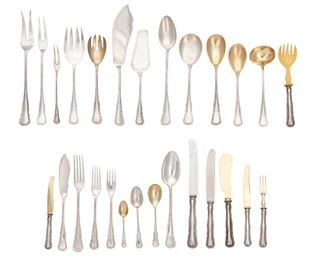 3308
A German Silver Flatware Service
First-Quarter 20th Century
Each marked for Bremer Silberwarenfabrik and .800
Comprising 6 hollow-handled table knives (10.25"), 6 hollow-handled place knives (9.25"), 12 hollow-handled luncheon knives (8.25"), 10 hollow-handled individual fruit knives (6.75"), 12 fish knives (8.625"), 12 table forks (8.5"), 12 salad forks (7.5"), 11 fish forks (7"), 11 hollow-handled individual fruit forks (5.875"), 12 table spoons (8.5"), 2 soup spoons (7.5"), 12 ice cream spoons (5.625"), 11 five o'clock tea spoons (5.5"), 12 demitasse spoons (4.125"), 1 hollow-handled master butter spreader (7.875"), 1 hollow-handled butter spreader (7.875"), 1 hollow-handled plastic-topped salad serving fork (7.75"), 1 salad serving fork (8.375"), 1 salad serving spoon (8.375"), 1 fish server (10.875"), 1 fish serving fork (9.125"), 1 pie server (8.75"), 2 medium cold meat serving forks (7.5"), 1 large cold meat serving fork (10.25"), 1 carving fork (11"), 1 gravy ladle (7.25")