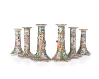 3322
A Group Of Chinese Rose Medallion Porcelain Candlesticks
Fourth-Quarter 20th Century of Earlier
Each famille rose porcelain with a Rose Medallion pattern, gilt highlights, and polychrome enamel decoration alternating figural and avian medallions surrounded by flowers, comprising three pairs of candlesticks in graduated sizes, 6 piece
Larger: 7.75" H x 4.25" Dia.; smaller: 6.125" H x 3.625" Dia.
Estimate: $600 - $800