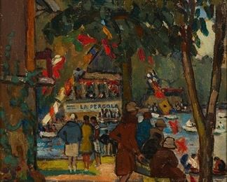 3323
Gustave Bourgain
1856-1918, French
"La Pergola"
Oil on canvas
Signed lower left: O. Bourgain; titled on a gallery label affixed verso
16" H x 13" W
Estimate: $800 - $1,200