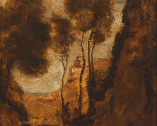 3325
Jean Baptiste Camille Corot
1796-1875, French
Figures In A Landscape
Oil on paper laid to plaster laid to cradled panel
Signed twice lower right: Corot
8.25" H x 6.5" W
Estimate: $5,000 - $7,000