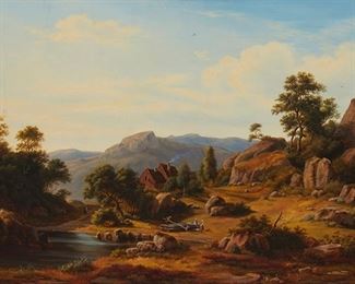 3337
Frederick Kiaerskou
1805-1891, Danish
Rocky Landscape With Figures, Cottage And Stream, 1865
Oil on canvas
Appears to be faintly signed and dated lower right, signature partially affected by restoration; signed and dated in another hand verso
18" H x 26" W
Estimate: $1,000 - $1,500