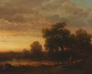 3339
August Seidel
1820-1904, German
A Shepherd With Flock At Twilight, 1875
Oil on board
Signed and dated lower right: A. Seidel
13.5" H x 22.75" W
Estimate: $1,000 - $2,000