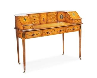 3348
A George III-Style Satinwood Carlton House Desk
Fourth-Quarter 19th Century
Locks marked: A. Lewis & Sons Ltd. / Makers / Willenhall
The painted satinwood desk surmounted by an upper U-shaped cabinet fitted with eight drawers and three compartments over a gilt foil-stamped leather inset writing surface atop three long drawers and raised on tapered legs with castors, with all-over painted floral motifs and portrait roundels
38.75" H x 52.25" W x 24" D
Estimate: $2,000 - $3,000