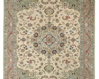 3352
A Tabriz Area Rug
Late 20th/Early 21st Century
The Kurk wool and silk on cotton rug with a polychrome central medallion enclosed by a buff palmette and vine border on an ivory field
9'5" L x 6'10" W
Estimate: $1,000 - $2,000