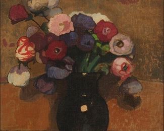 3366
Lucien-Victor Guirand De Scevola
1871-1950, French
"Vase Of Flowers"
Oil on canvas laid to canvas
Signed lower left: Guirand de Scevola; titled on a gallery label affixed verso
18" H x 15" W
Estimate: $800 - $1,200