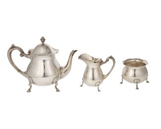 3368
An American Sterling Silver Tea And Coffee Service
Second-Quarter 20th Century
Each marked for Fisher Silversmiths and sterling; further marked: Jack Shepard
Designed by Jack Shepard for Fisher, comprising a coffee pot (9.5"), a teapot (8"), a covered sugar bowl (6"), a creamer (5.25"), and a waste bowl (3.5"), 5 pieces
80.33 oz. troy approximately
Estimate: $1,200 - $1,800