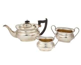 3369
An English Sterling Silver Tea Service
1932
Marked with English hallmarks for Sheffield; maker's mark for Emile Viner
Each with a bead and spindle rim and gold washed interior, comprising a teapot with wood handle (6"), a sugar bowl (4.25"), and a creamer (3.875"), 3 pieces
40.1 oz. troy approximately
Estimate: $800 - $1,200