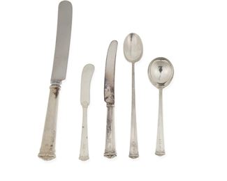 3370
An International "Trianon" Sterling Silver Flatware Service
Circa 1921-1974
Each marked for International and sterling
Designed 1921 by Alfred G. Kintz, comprising 12 hollow-handled Old French dinner knives (9.875"), 12 hollow-handled Old French place knives (8.875"), 1 hollow-handled butter spreader (7"), 4 solid butter spreaders (5.625"), 7 dinner forks (7.625"), 12 place forks (7.25"), 9 salad forks (6.125"), 11 ice cream forks (5.5"), 9 teaspoons (6"), 9 iced tea spoons (7.375"), 8 demitasse spoons (4.125"), 12 orange spoons (6"), 12 gumbo spoons (7"), 10 bouillon spoons (5.5"), and 6 table/serving spoons (8.375"), 134 pieces
Weighable sterling: 117.425 oz. troy approximately
Estimate: $3,000 - $4,000