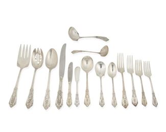 3371
A Wallace "Rose Point" Sterling Silver Flatware Service
20th Century
Each marked for Wallace and sterling
Designed 1934 by William S. Warren, comprising 12 hollow-handled Modern dinner knives (9.75"), 8 hollow-handled New French place knives (9.125"), 12 hollow-handled butter spreaders (6.25"), 8 solid butter spreaders (5.5"), 12 dinner forks (7.625"), 8 place forks (7"), 20 salad forks (6.25"), 40 teaspoons (6"), 12 gumbo spoons (6.875"), 2 sugar spoons (6.125"), 3 table/serving spoons (8.375"), 1 pierced table/serving spoon (8.25"), 1 table/serving fork (8.875"), 2 gravy ladles (6.5"), and 1 cream ladle (5.5"), 142 pieces
Weighable sterling: 132.03 oz. troy approximately
Estimate: $2,000 - $3,000