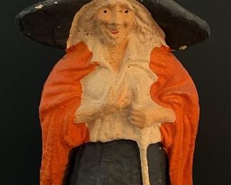 Vintage Paper Mache Witch Figurine- RARE. In overall good vintage condition with normal vintage wear including a small chip in the bottom and some paint loss. Measures 8.5" h.
