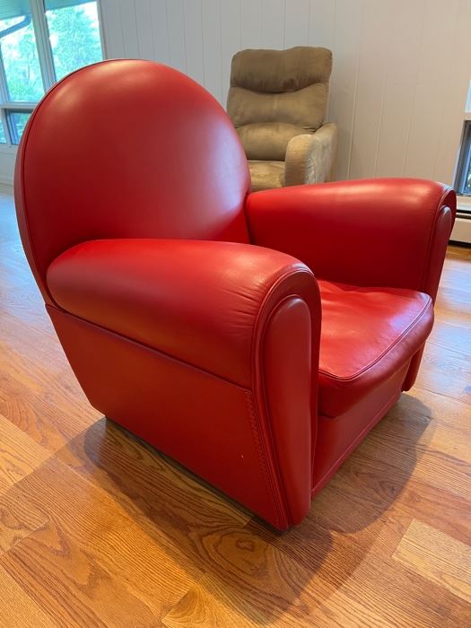1. Pair of Poltrona Frau Signed Edition Vanity Chairs in Red no.9261 (36" x 32" x 37") w/ One Ottoman (28" x 18" x 15")