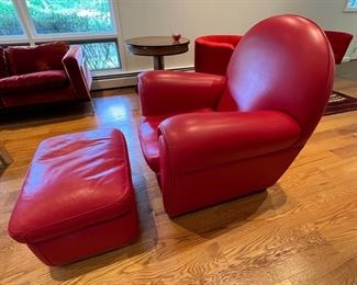 1. Pair of Poltrona Frau Signed Edition Vanity Chairs in Red no.9261 (36" x 32" x 37") w/ One Ottoman (28" x 18" x 15")