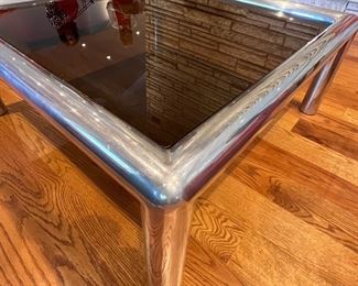 2. John Mascheroni 1970's Smoke Glass Coffee Table w/ Tubular Aluminum Base (42" x 42" x 17")