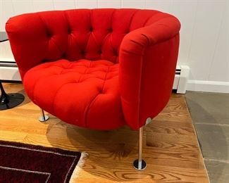 8. Mid Century Pair of Red Tufted Chairs (34" x 30" x 26") and Loveseat w/ Stainless Legs (60" x 28" x 26")