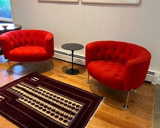 8. Mid Century Pair of Red Tufted Chairs (34" x 30" x 26") and Loveseat w/ Stainless Legs (60" x 28" x 26")