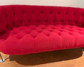 8. Mid Century Pair of Red Tufted Chairs (34" x 30" x 26") and Loveseat w/ Stainless Legs (60" x 28" x 26")