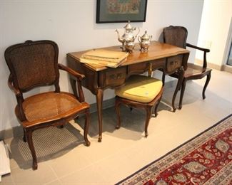 Pair cane French style chairs & drop side desk