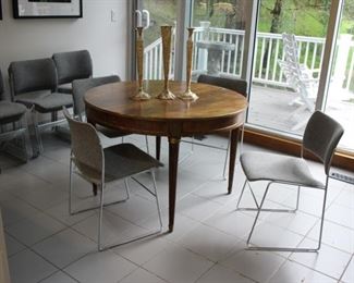 Round dining table (with 2 leaves) & David Rowland stacking chairs