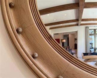 * Round Convex Mirror with Natural Wooden Frame and Ball Accent (46”).