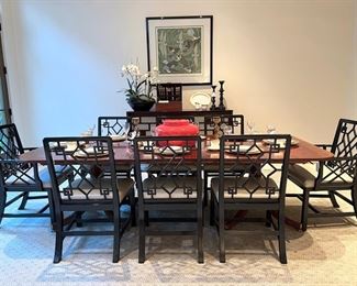 * Baker Knapp & Tubbs George III Mahogany Inlaid Double Pedestal Dining Table with three leaf extension and eight Chinese Chippendale Chairs..