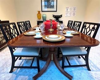 * Baker Knapp & Tubbs George III Mahogany Inlaid Double Pedestal Dining Table with three leaf extension and eight Chinese Chippendale Chairs..
