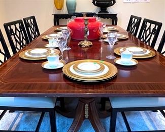 * Baker Knapp & Tubbs George III Mahogany Inlaid Double Pedestal Dining Table with three leaf extension and eight Chinese Chippendale Chairs..