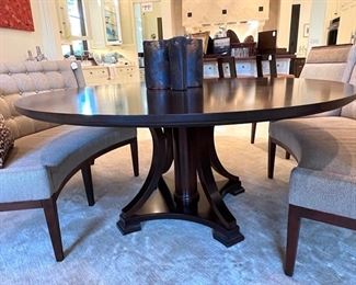 * David Gilbert Vanguard Circular Dining Table with two Banquets and two Captains Chairs (66”Dia).