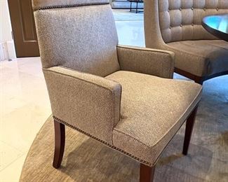 * David Gilbert Vanguard Circular Dining Table with two Banquets and two Captains Chairs (66”Dia).