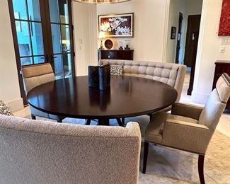 * David Gilbert Vanguard Circular Dining Table with two Banquets and two Captains Chairs (66”Dia).