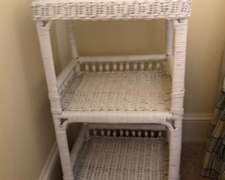 White wicker night stand, two shelf table