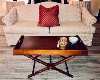 Broyhill Damask Sofa (77" long) 
Vintage Mahogany Butler Tray table 