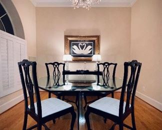 Dining Room 
Art Nouveau Black Lacquer dining chairs (4)
Heavy Glass Octagon Table and Glass base
 
