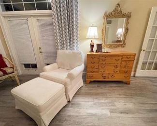Georgian Pine 17 drawer dresser + key 
White Chenille Occasional Chair + rolling ottoman 
Gold Leaf Wood and Beveled Mirror 