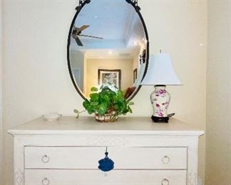 Beautiful Hepplewhite Style tall chest with Bronze Iron oval mirror 